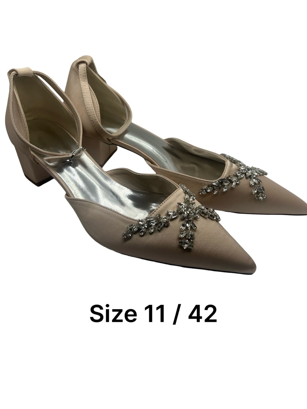 Embellished Pointed Toe Block Heel Pumps in Nude - 11